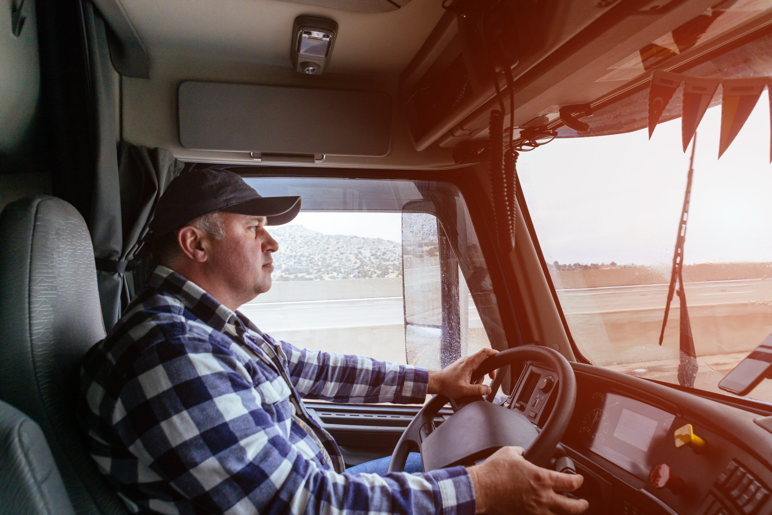 Image of a trucker driving on the highway.